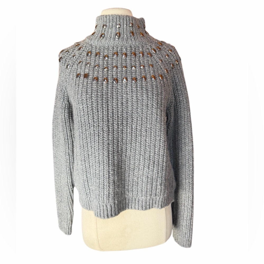 Y2K Apt. 9 Ribbed, Chunky-Knit Wool Blend Mock-Neck Yoke Bead Embellished Sweate
